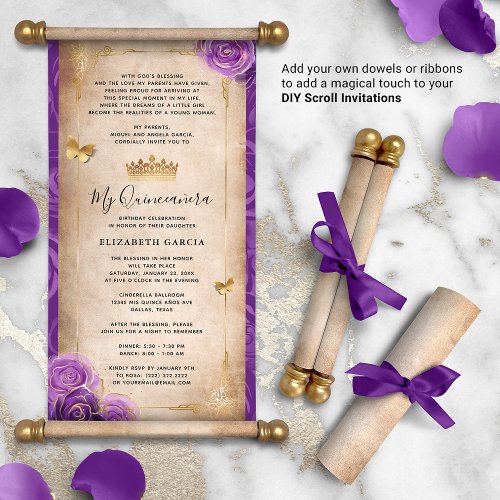 Gold and Purple Quinceanera DIY Scroll Invitations