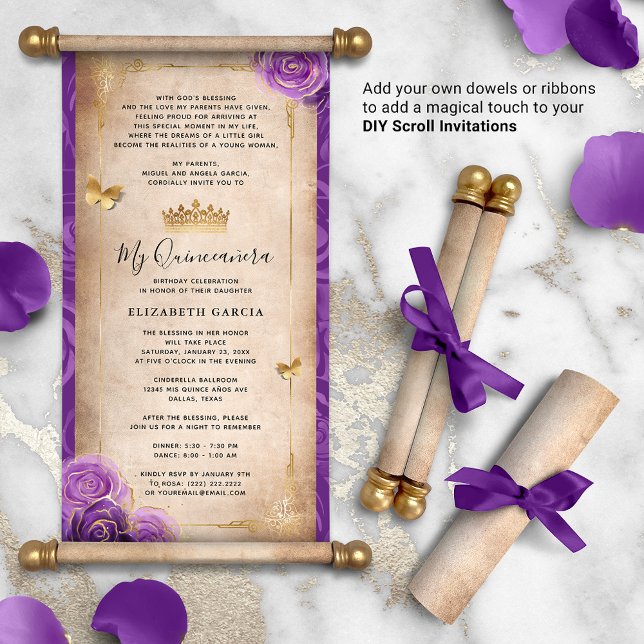 Gold and Purple Quinceanera DIY Scroll Invitations (DIY scrolls do not come with dowels. Add your own or roll up with a ribbon for an elegant touch!)