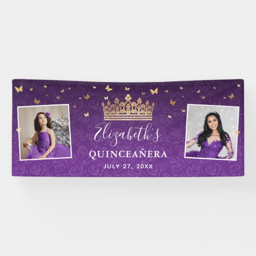 Gold and Purple Roses 2 Photo Birthday Quinceanera Banner
