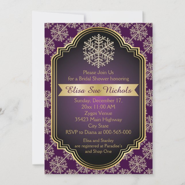 Gold and purple snowflake wedding bridal shower invitation (Front)