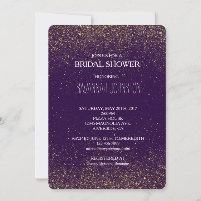Gold and Purple Sparkles Glitter bridal shower Invitation (Front)