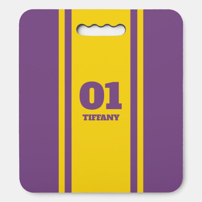 Gold and Purple Sports Stripe Name & Number Seat Cushion (Front Vertical)