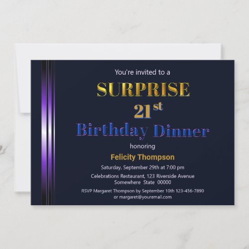 Gold and Purple Surprise 21st Birthday Dinner Invitation