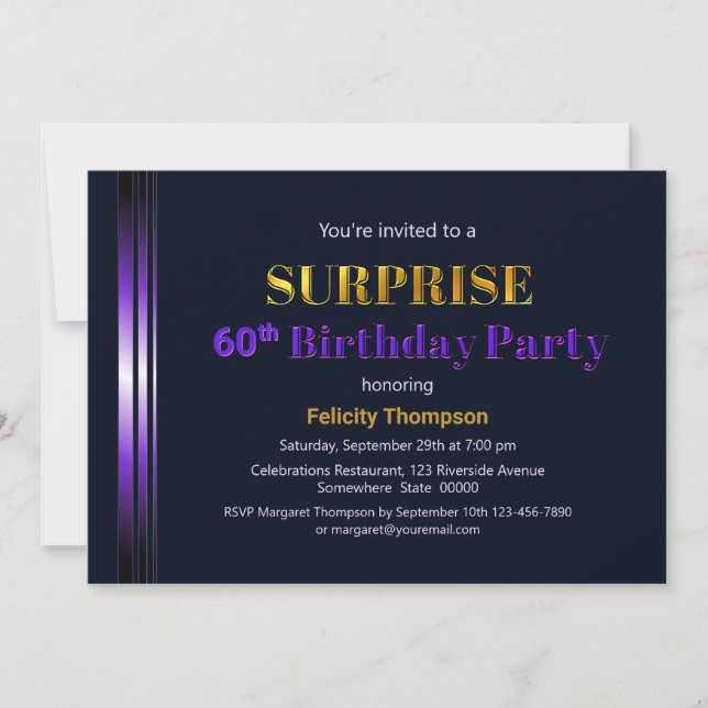 Gold and Purple Surprise 60th Birthday Party Invitation (Front)