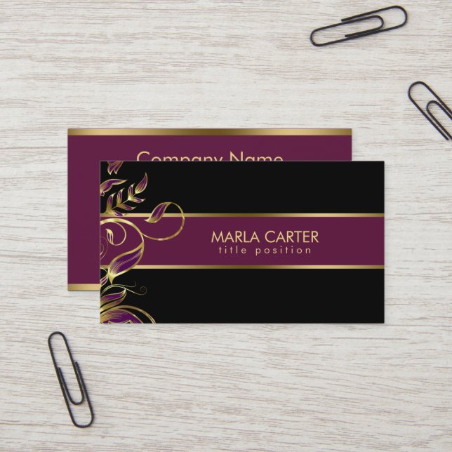Gold And Purple Swirls Business Card (Front/Back In Situ)