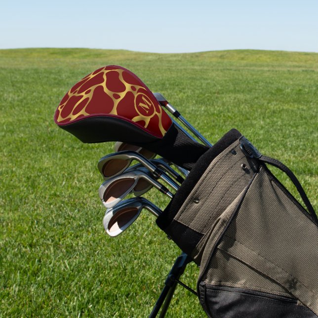 Gold and red abstract giraffe pattern golf head cover (In Situ)
