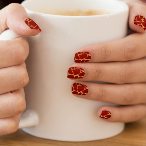 Gold and red abstract giraffe pattern minx nail art