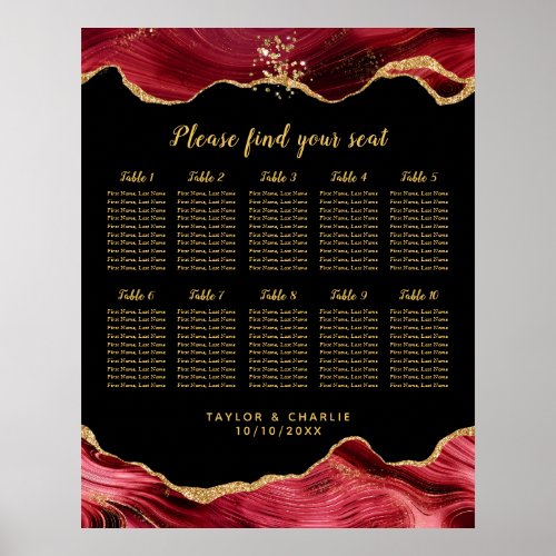 Gold and Red Agate Wedding 10 Tables Seating Chart