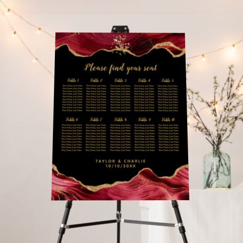 Gold and Red Agate Wedding 10 Tables Seating Chart Foam Board