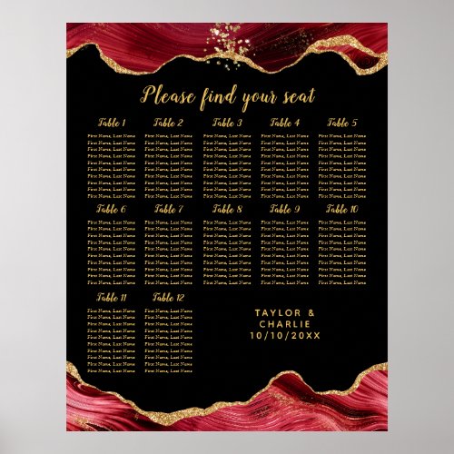 Gold and Red Agate Wedding 12 Tables Seating Chart