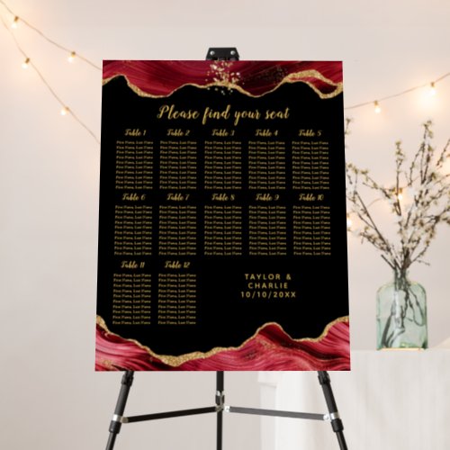 Gold and Red Agate Wedding 12 Tables Seating Chart Foam Board