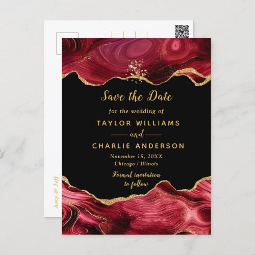 Gold and Red Agate Wedding Save The Date Postcard
