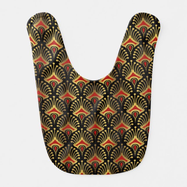 Gold and red Art Deco pattern on black Baby Bib (Front)