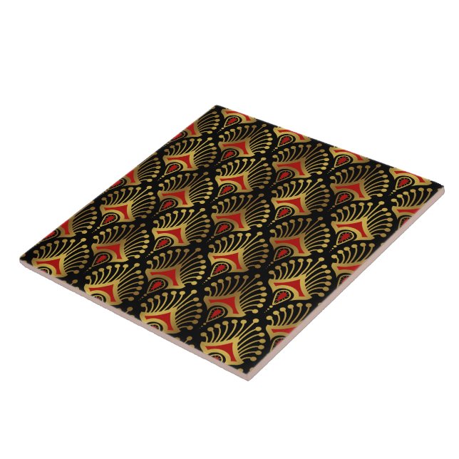 Gold and red Art Deco pattern on black Ceramic Tile (Side)