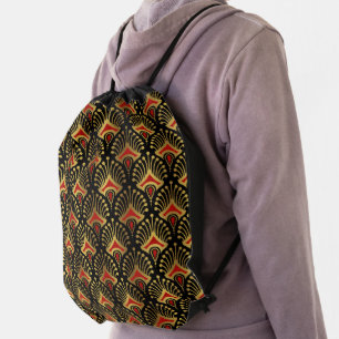 Gold and red Art Deco pattern on black Drawstring Bag