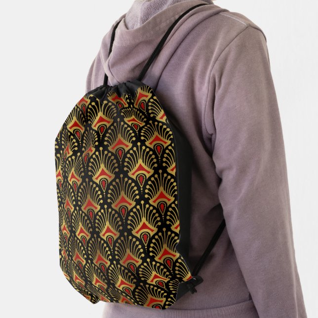 Gold and red Art Deco pattern on black Drawstring Bag (Insitu)