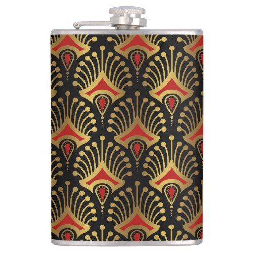 Gold and red Art Deco pattern on black Flask