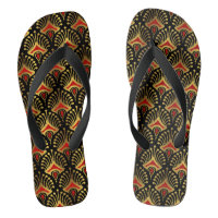 Gold and red Art Deco pattern on black Flip Flops