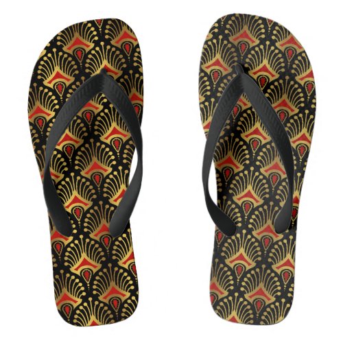 Gold and red Art Deco pattern on black Flip Flops