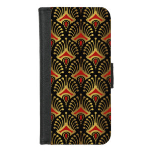 Gold and red Art Deco pattern on black iPhone 8/7 Wallet Case