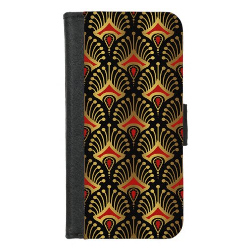 Gold and red Art Deco pattern on black iPhone 87 Wallet Case