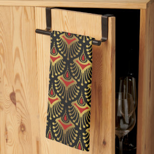 Gold and red Art Deco pattern on black Kitchen Tow Towel