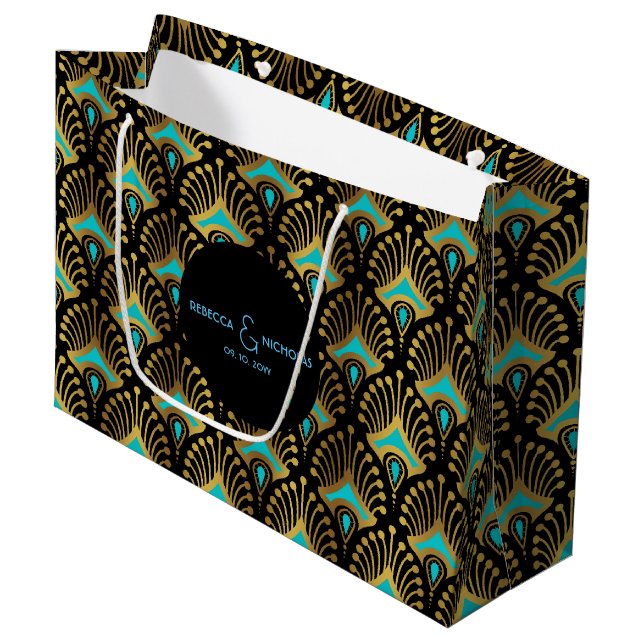 Gold and red Art Deco pattern on black Large Gift Bag (Front Angled)