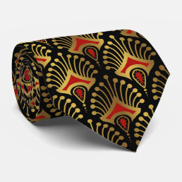 Gold and red Art Deco pattern on black Neck Tie