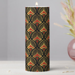 Gold and red Art Deco pattern on black Pillar Candle