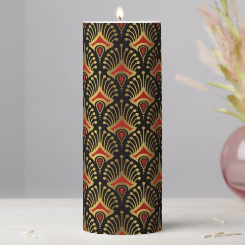 Gold and red Art Deco pattern on black Pillar Candle