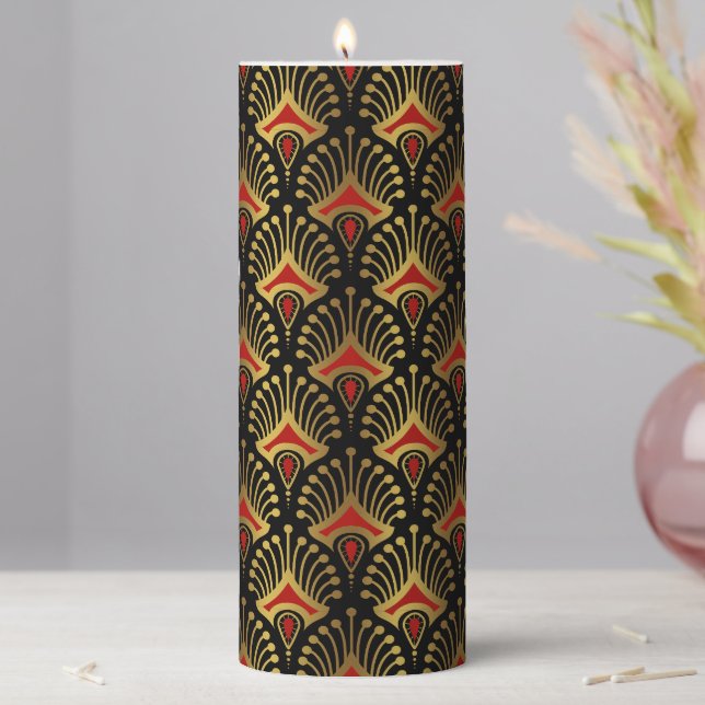 Gold and red Art Deco pattern on black Pillar Candle (In Situ)