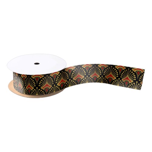 Gold and red Art Deco pattern on black Satin Ribbon