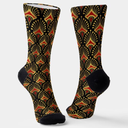 Gold and red Art Deco pattern on black Socks