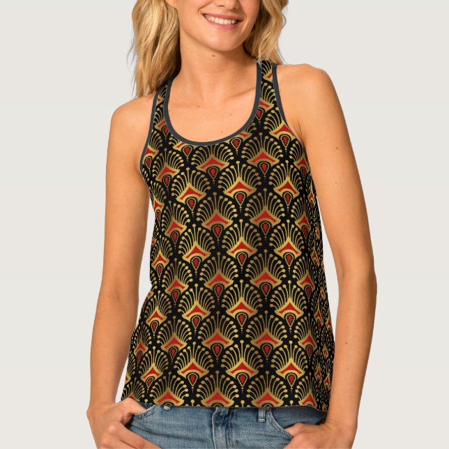 Gold and red Art Deco pattern on black Tank Top (Front)
