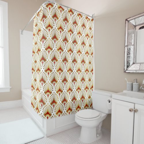 Gold and Red Art Deco pattern on White Shower Curtain