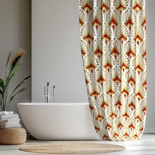 Gold and Red Art Deco pattern on White Shower Curtain