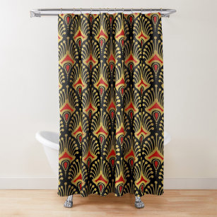 Gold and red Art Deco pattern Shower Curtain