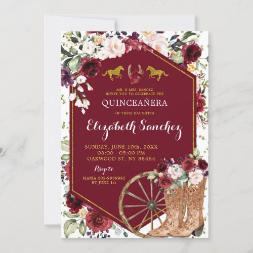Gold and Red Burgundy Western Charra Quinceaera Invitation