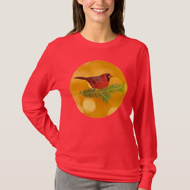Gold and Red Cardinal Bird Art Holiday Shirt (Front)