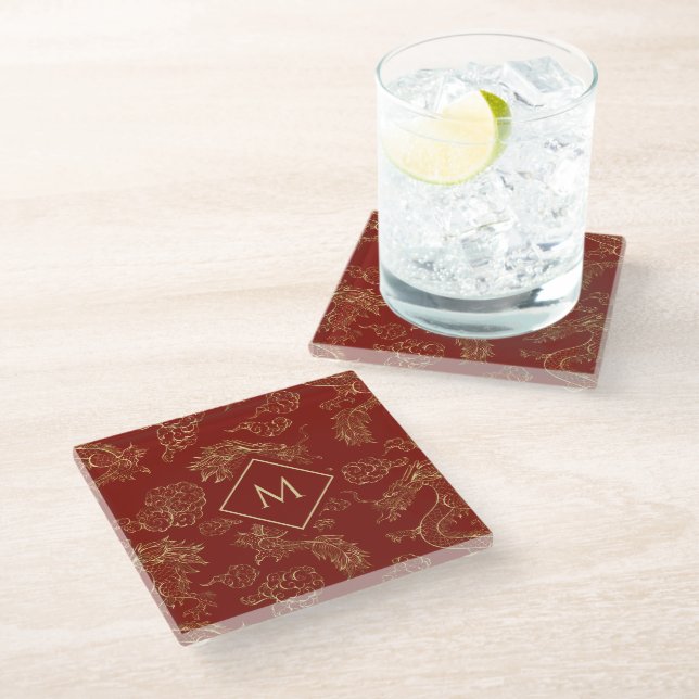 Gold and red Chinese Dragon Pattern Glass Coaster (Angled)