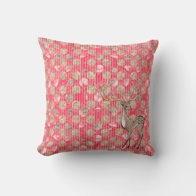 Gold and Red Christmas Deer Throw Pillow (Front)