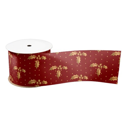 Gold and Red Christmas Holly Satin Ribbon