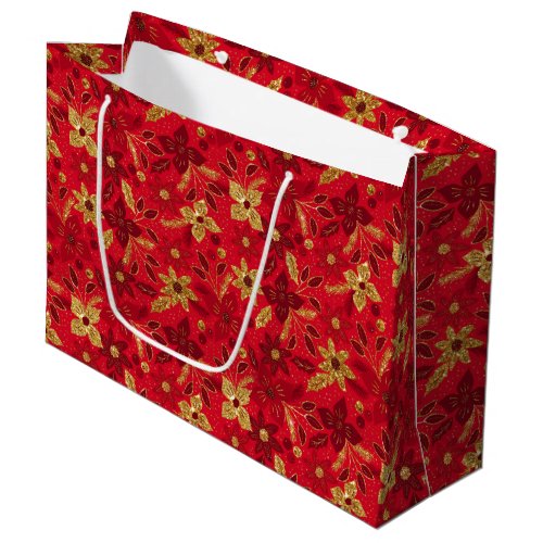 Gold and Red Christmas Poinsettia Flowers Large Gift Bag