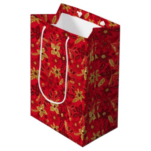 Gold and Red Christmas Poinsettia Flowers Medium Gift Bag