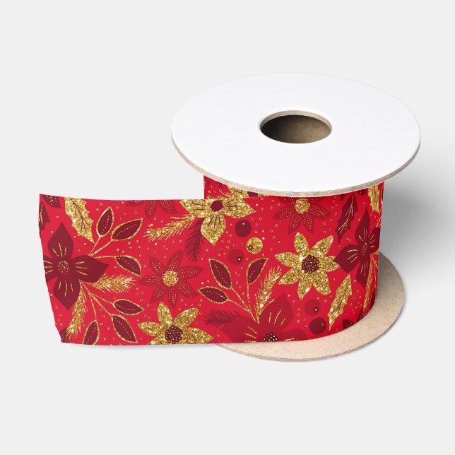 Gold and Red Christmas Poinsettia Flowers Satin Ribbon (Spool)