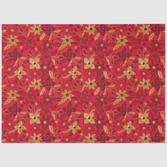 Gold and Red Christmas Poinsettia Flowers Tissue Paper (Front)