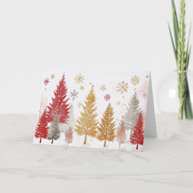 Gold and Red Christmas Trees in Sparkly Snow Card (Front)