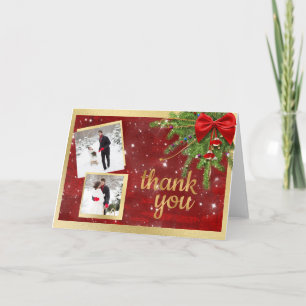 Gold and Red Christmas Wedding Photo Thank You Card