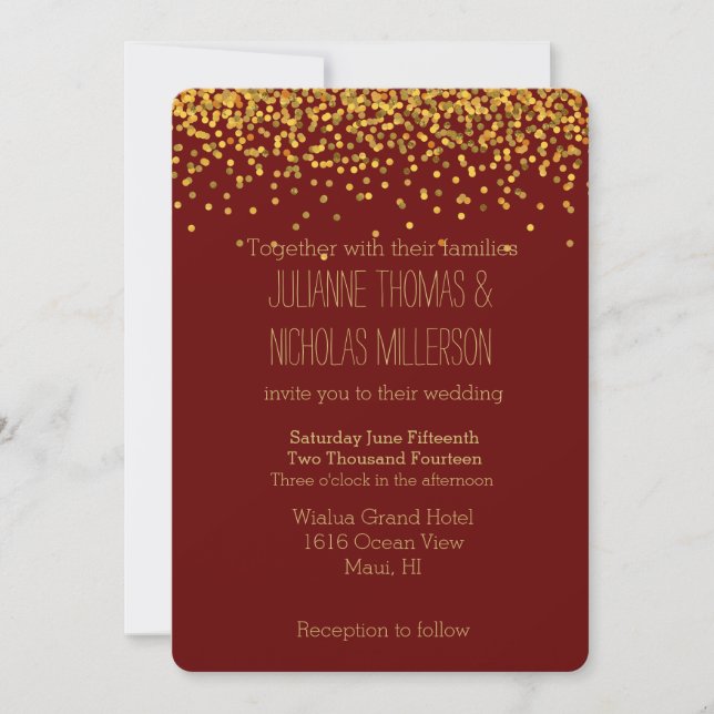 Gold and Red Confetti Dots Wedding Invitation (Front)
