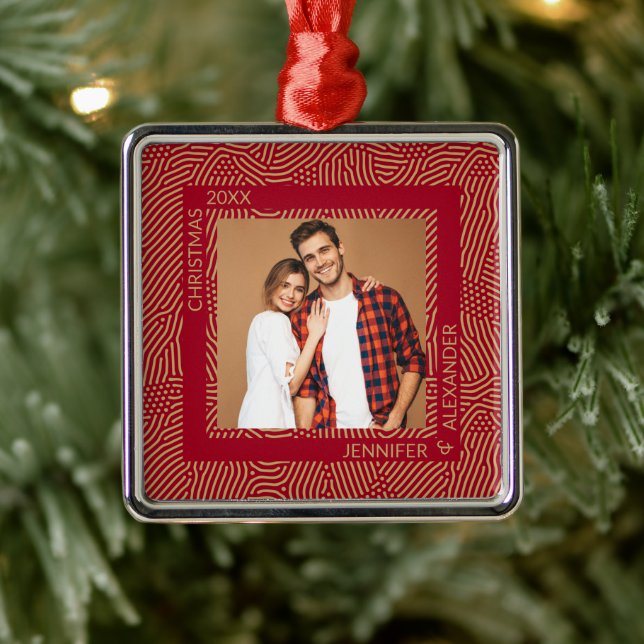 Gold and Red Couples Photo Metal Ornament (Tree)